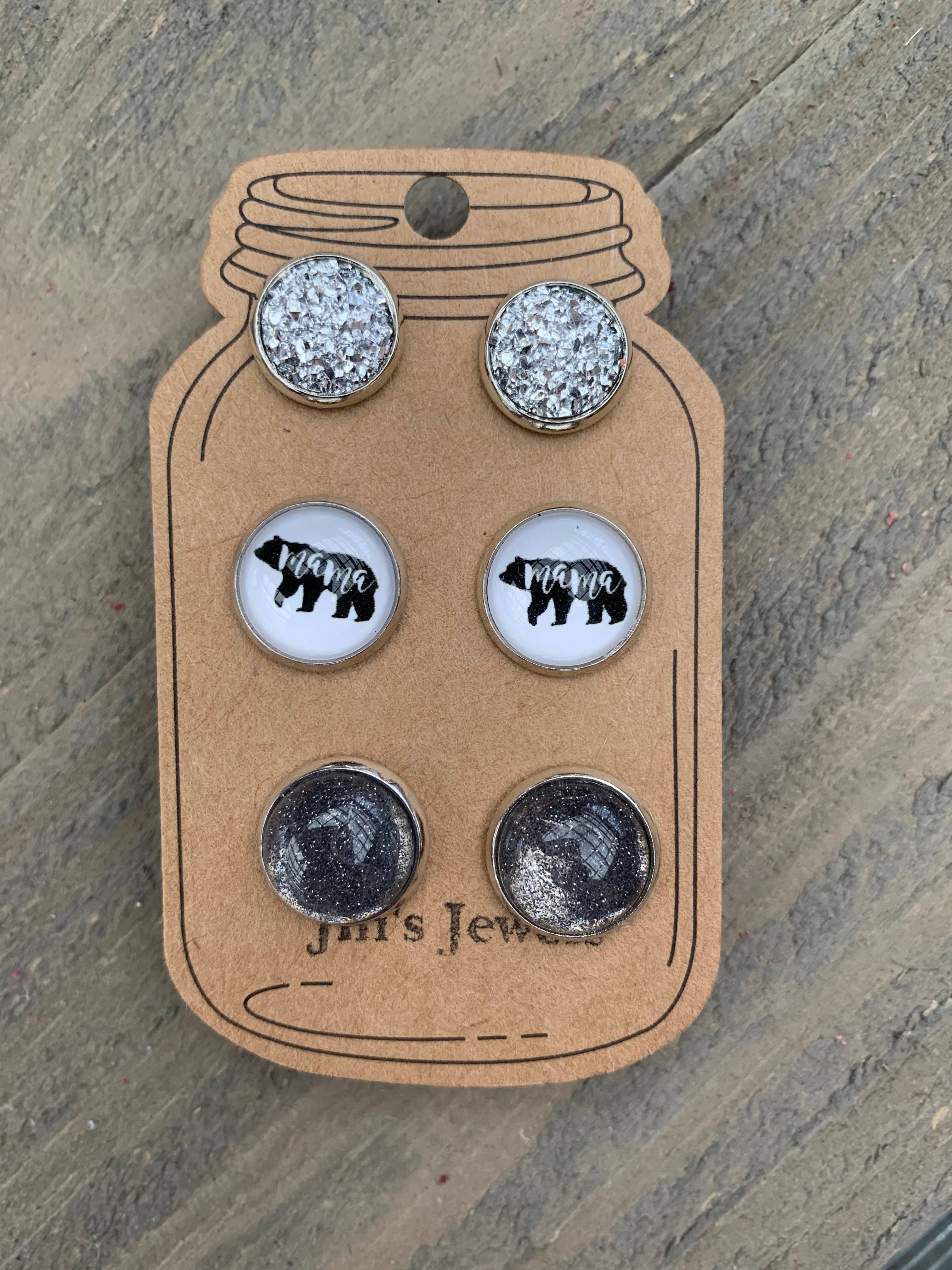 Jill's Jewels - Wholesale Jewelry Set - Mama Bear Triple Faux Druzy Glitter 3 Earring Set1