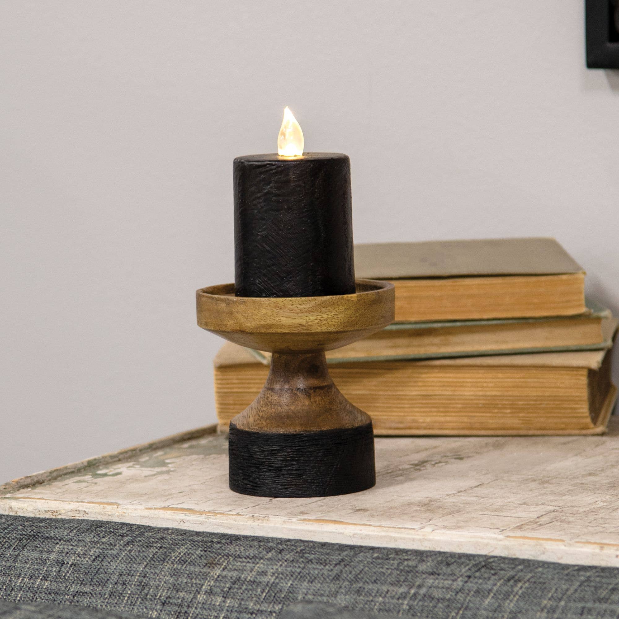 Col House Designs - Wholesale Candle Holder - Black & Wood Pillar Candle Holder, 4.25"2
