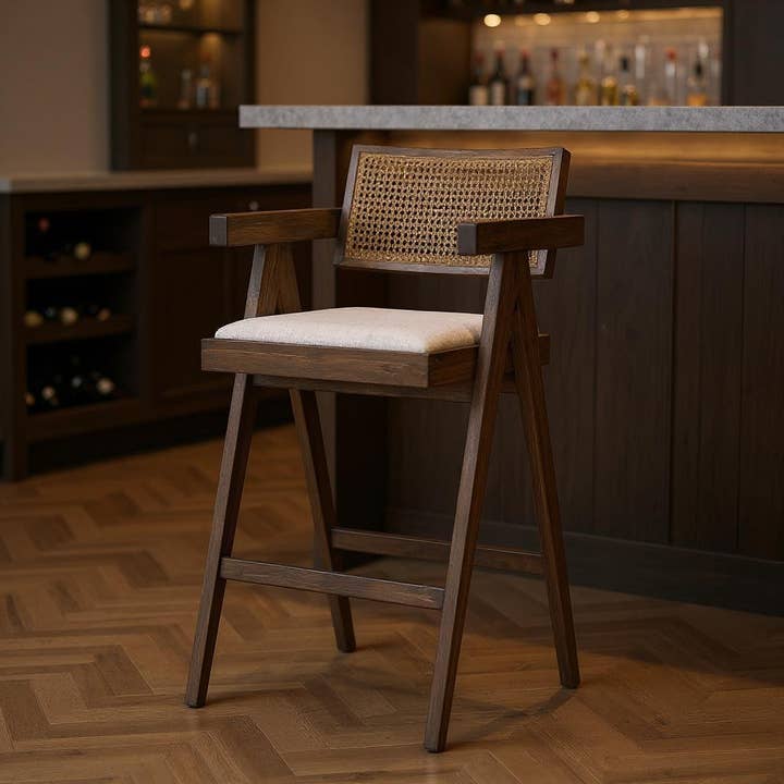 HomeRoots - Vente Chaises - Chaise de bar hauteur bar à dossier bas en tissu blanc cassé et marron de 30" et bois massif1