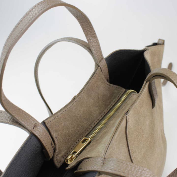 JIJOU CAPRI - Wholesale Tote Bag - Women's - 956 Italian Suede Leather Taupe Travel Bag w/ Leather Pouch