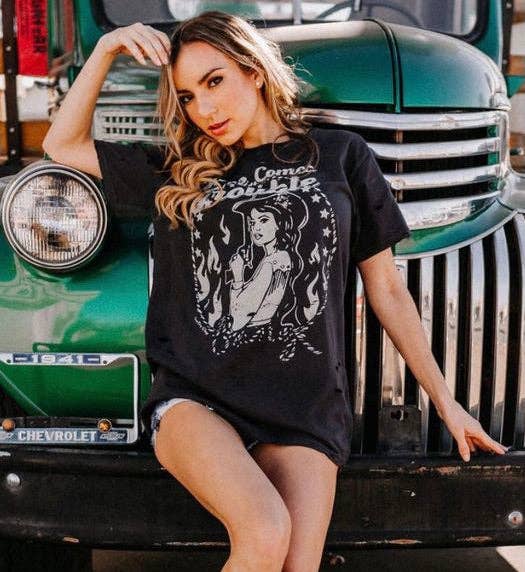 Country Deep Apparel - Wholesale Screen Printed T-Shirt - Women's - Here Comes Trouble Distressed T shirt6