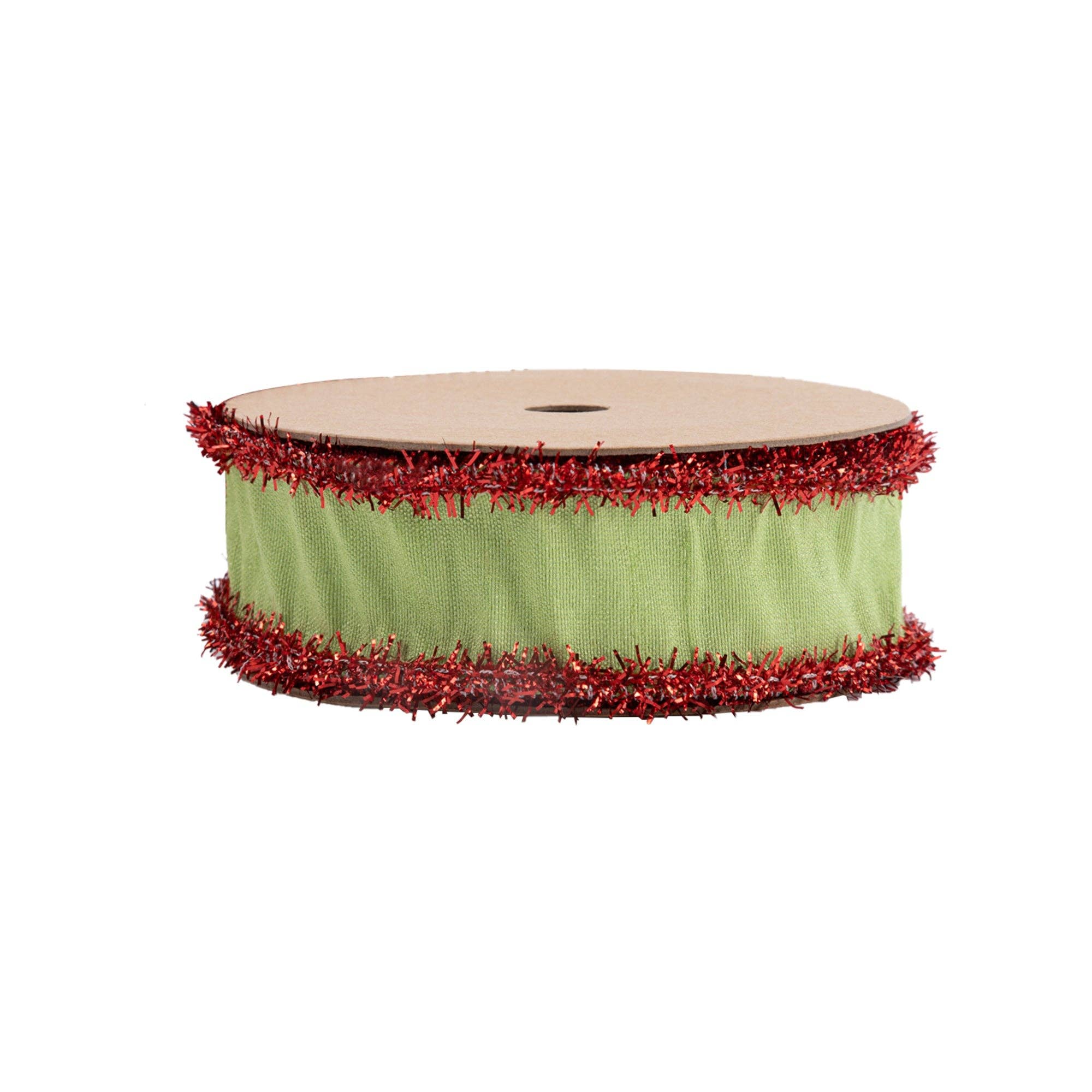 LA Ribbons Wholesale - Wholesale Ribbon - Gift Wrapping - 1" Wired Dupioni Ribbon | Green Apple w/ Red Tinsel Edging | 10 Yard Roll1
