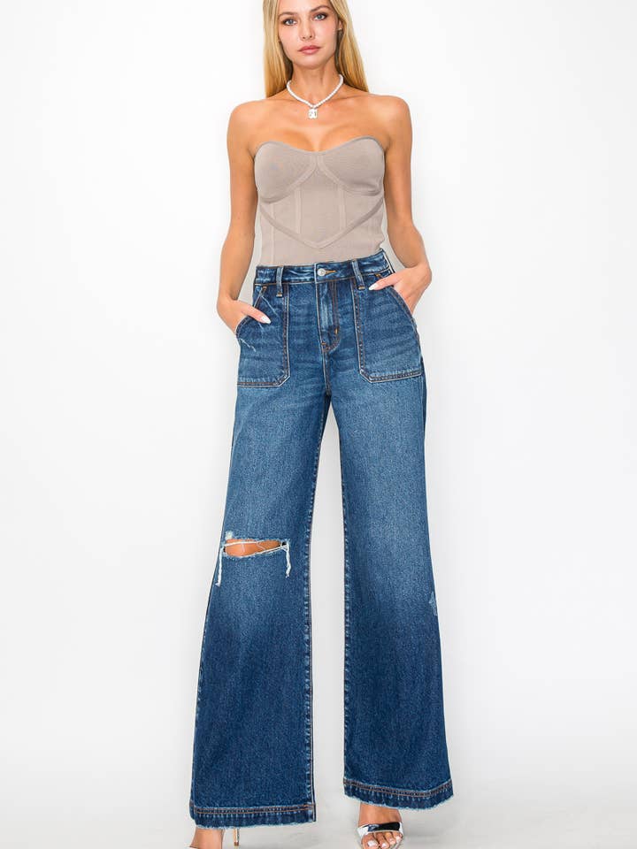 DARK ULTRA HIGH RISE RELAXED FLARE JEANS for wholesale on Faire