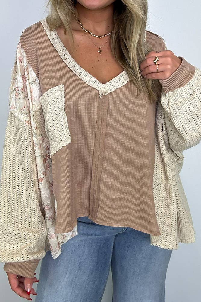 UNISHE - Wholesale Blouse - Women's - Floral Waffle Knit Color Block Pullover Top CY1636