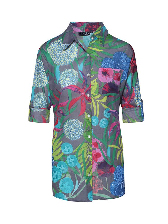 KikiSol - Wholesale Button Down Shirt - Women's - Charcoal Gray Hydrangea KikiSol Boyfriend Shirt