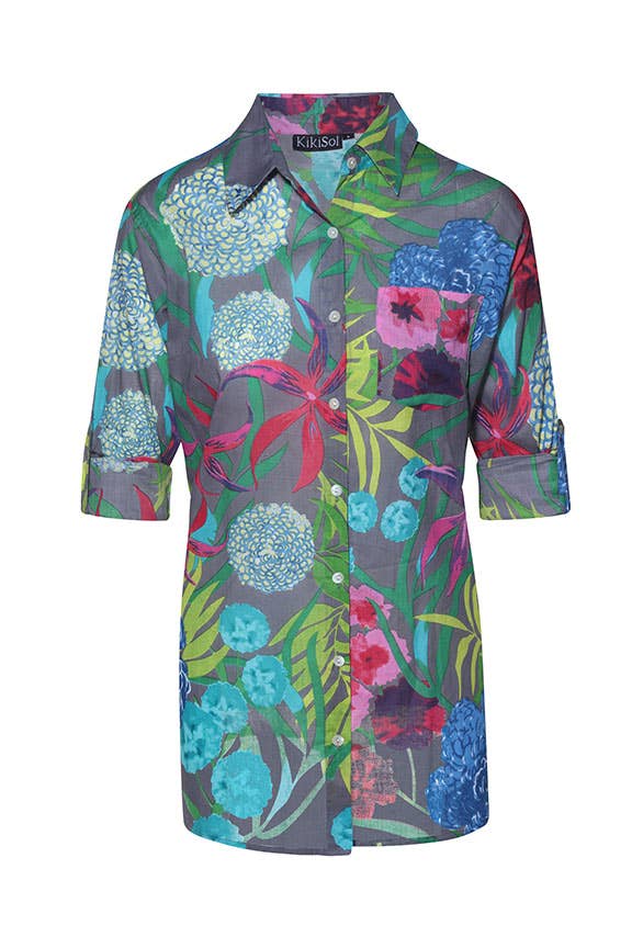 KikiSol - Wholesale Button Down Shirt - Women's - Charcoal Gray Hydrangea KikiSol Boyfriend Shirt