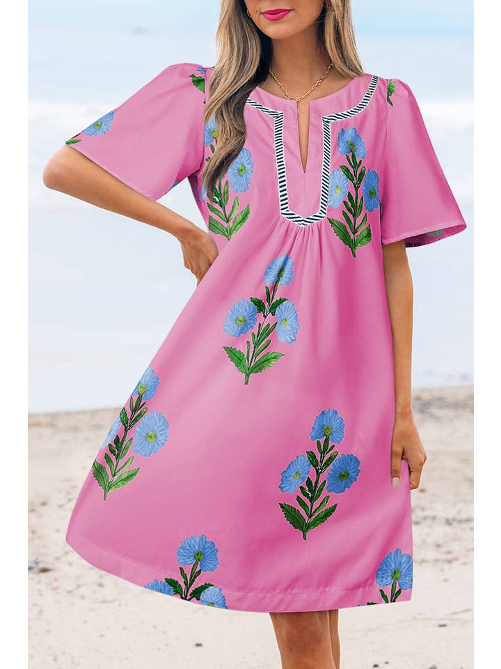 Aapparella - Wholesale Dress - Women's - Floral Print Short Sleeve Split Neck Mini Dress | S-XL