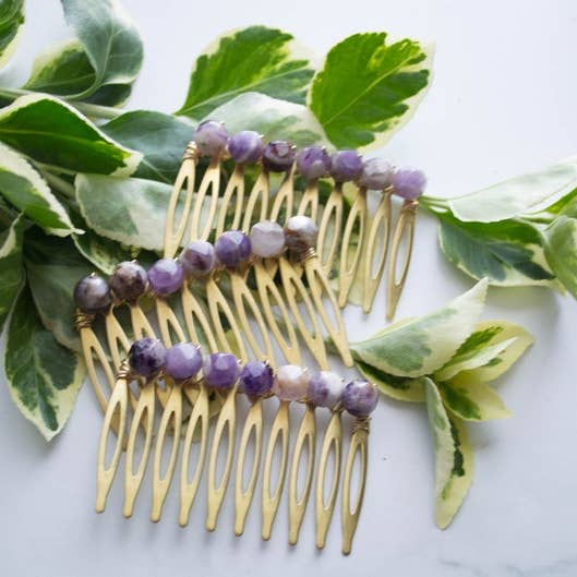 Faceted Amethyst gemstones Hair Comb Brass Barrette for wholesale by Miss Penny Lane