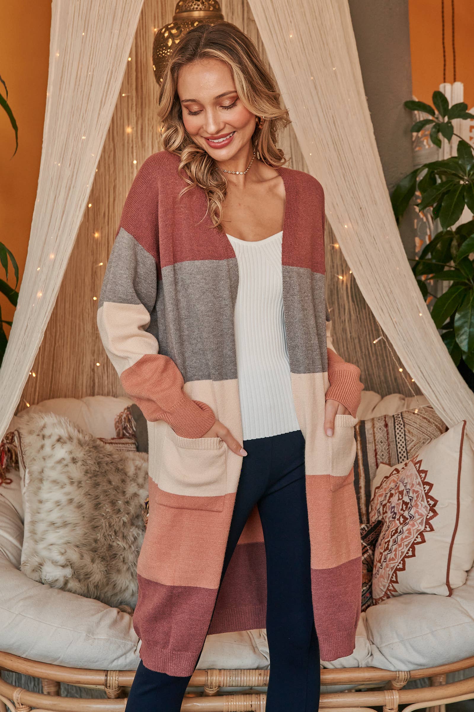 Nicabel - Wholesale Cardigan - Women's - Color-blocked midi-length sweater cardigan-SW60582