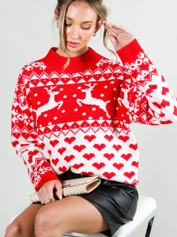 Maglione lavorato a maglia a maniche lunghe con grafica con renne VT81473 per la vendita all'ingrosso da parte di Vine & Love