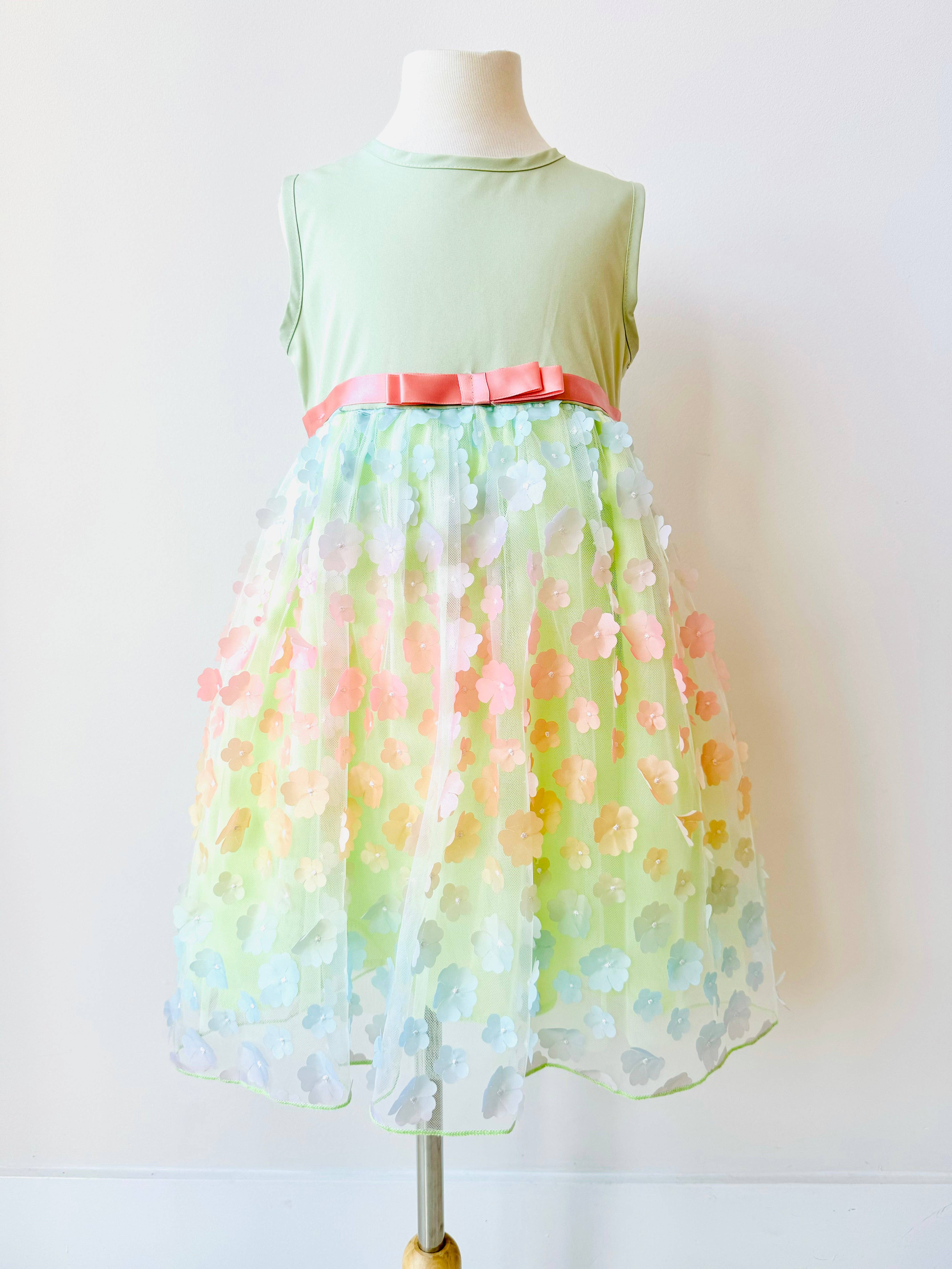 Bella Blu Designs - Wholesale Dress - Kids - Felicity green dress for little girls with rainbow color flowers0