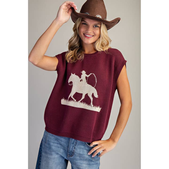 Western Graphic Cap Sleeve Sweater Top for wholesale by STYLE USA