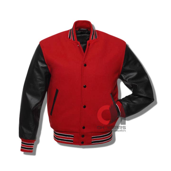 Casaco Varsity Vermelho e Preto para Homens, Casaco Varsity com Lã Preta e Mangas de Couro Vermelho Casaco de Baseball Infantil para Mulheres por atacado de OH Wears