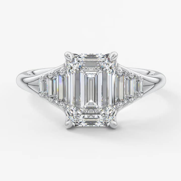 Emerald & Baguette Three Stone Split Shank Engagement Ring for wholesale by Caratina