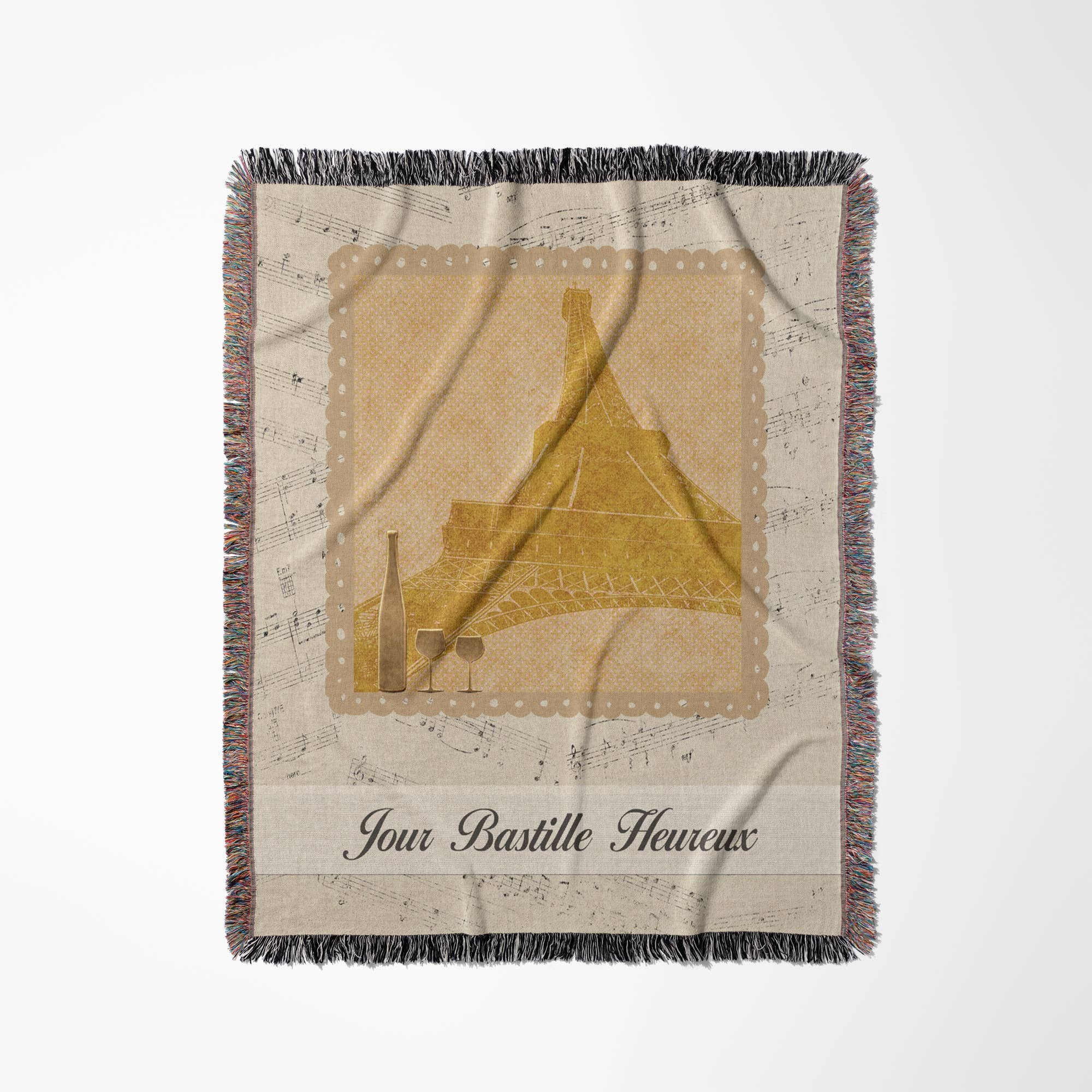 3dRose - Wholesale Throw Blanket - 3dRose, Eiffel Towel, Wine Bottle on Music Notes, Jour Bastille Heureux, Happy Bastille Day in French, Blanket0