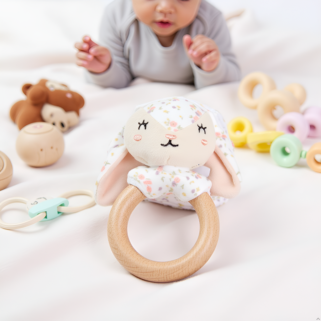 Pearhead - Wholesale Teether (Not Clip-On) - Baby - Floral Bunny Wooden & Plush Baby Teether3