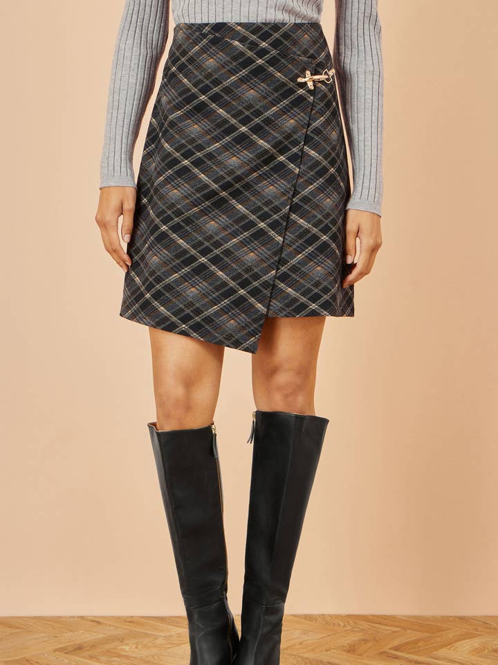 Yumi Black Check Wrap Skirt With Buckle for wholesale on Faire0
