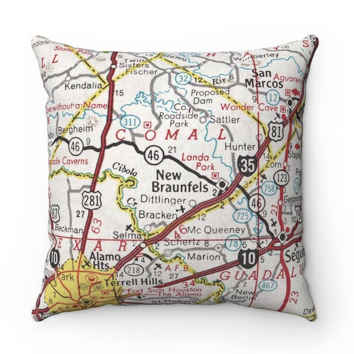 Daisy Mae Designs - Wholesale Throw/Decorative Pillow - New Braunfels Texas Map Pillow – 18" Square Throw Pillow