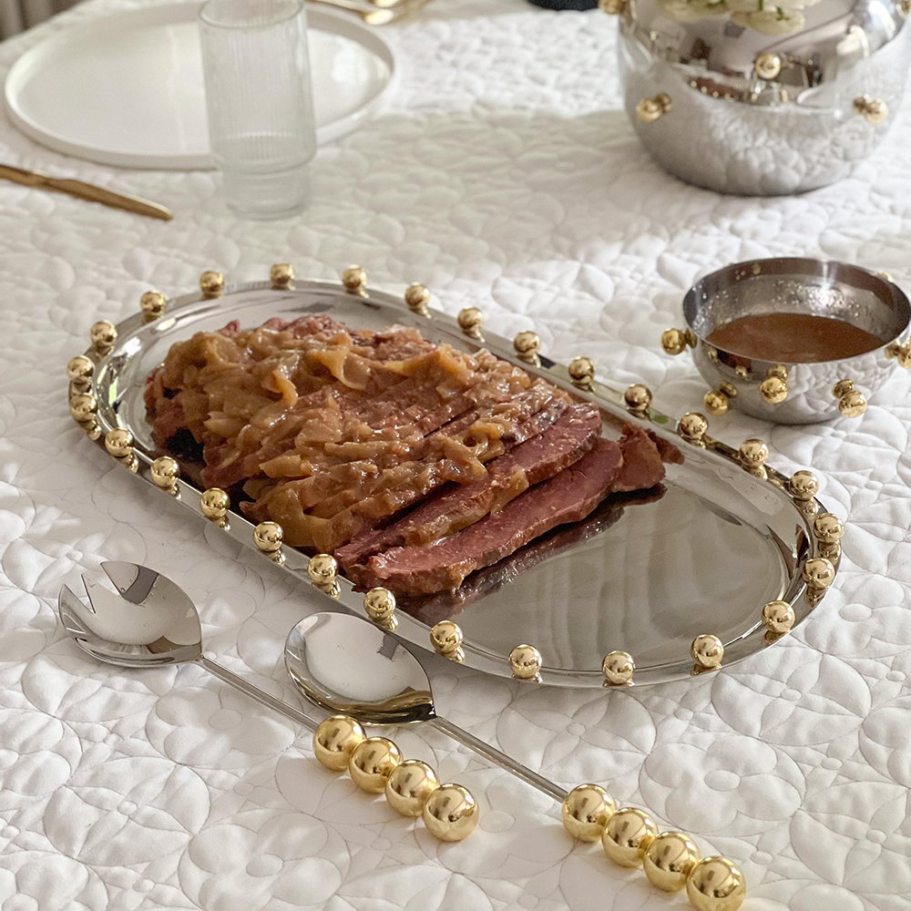 Boker-Tov Shalom - Wholesale Serving Tray - Stainless Steel Tray with Gold Balls3