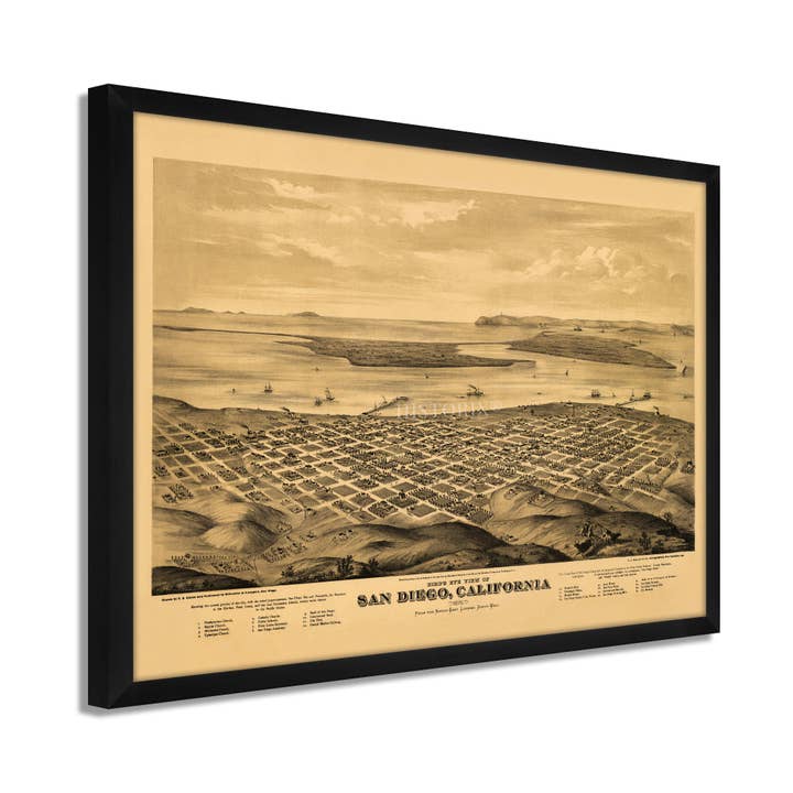 1876 San Diego Map - Framed Vintage San Diego Map History - Old California Map - San Diego Wall Art - Bird's Eye View of San Diego CA Wall Art Poster for wholesale by Historic Prints