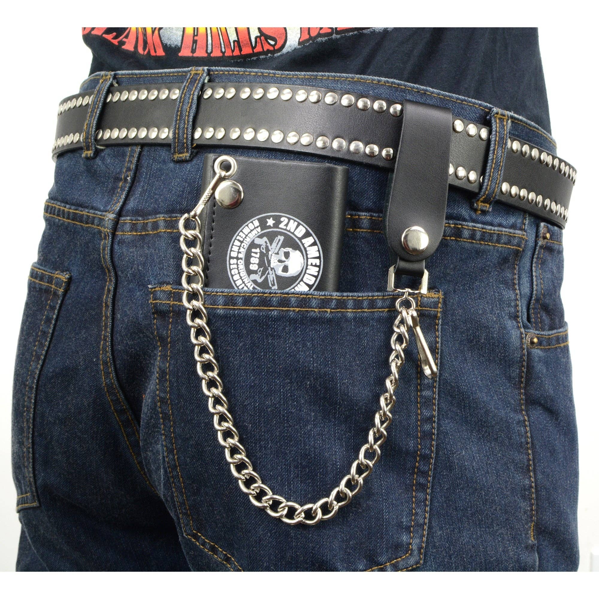 BLK Hot Leathers WLB1021 2nd Amendment Tri-fold Black Leather Wallet with Chain for wholesale on Faire7