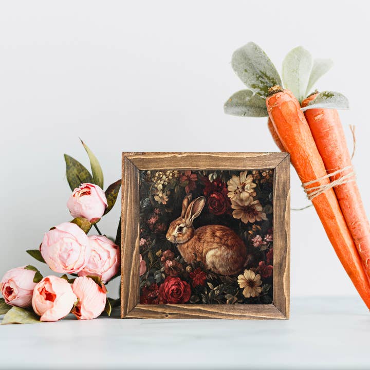 Brown Bunny Floral Print Framed Sign for wholesale by Teele and Co.