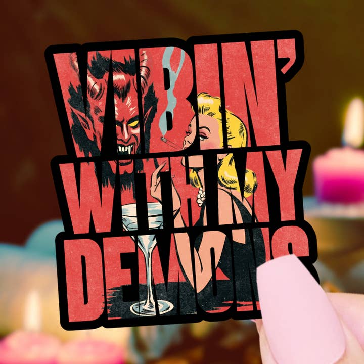 Vibing With My Demons Sticker, Retro Horror Pop Art for wholesale by Pretty Toxic Stickers