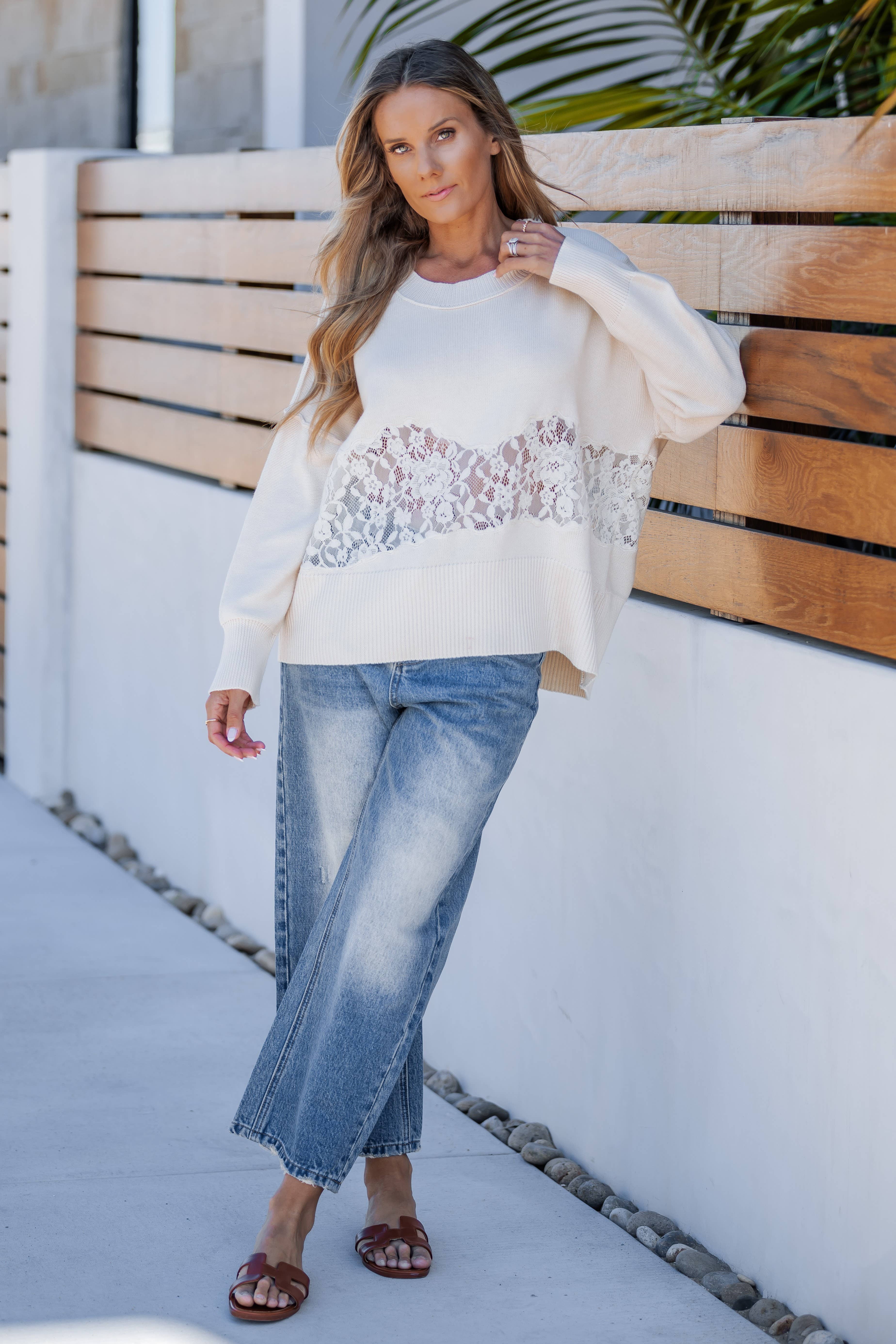 Lavender J - Wholesale Knit Sweater - Women's - Dropped Shoulder Sweater W/ Lace Detail0