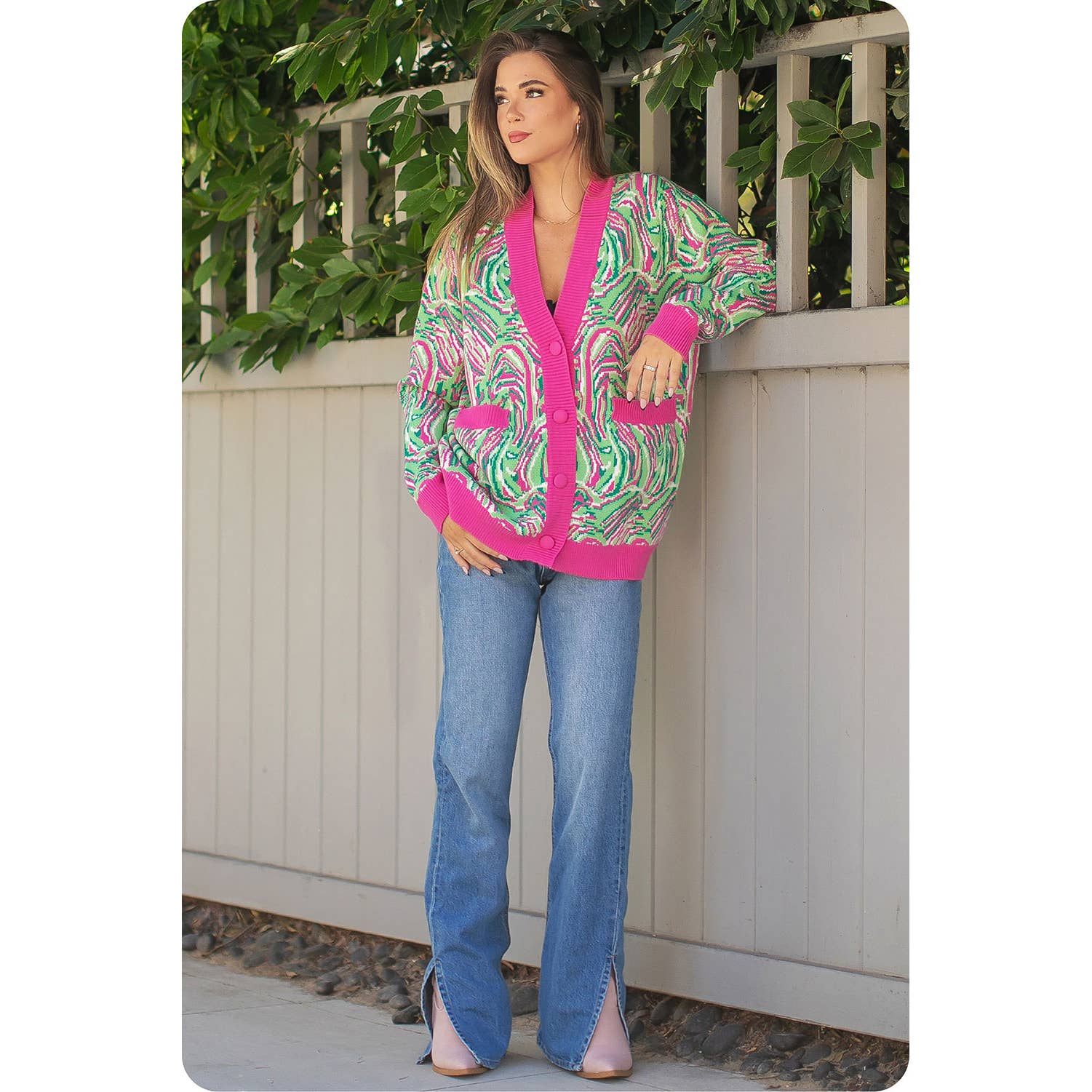 Rosa/Grön Multi Swirl Print Stickad Cardigan för wholesale på Faire11