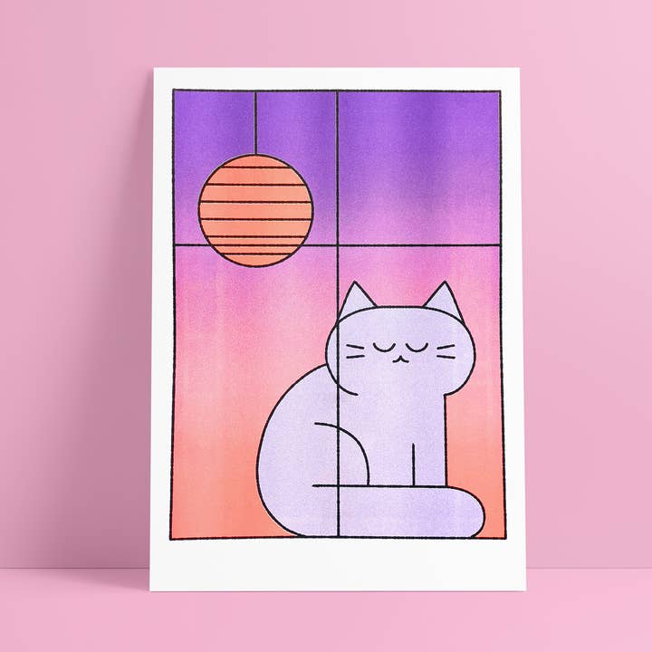 Risograftryck Katt i ett Fönster (A3 42 x 29 cm) för wholesale av hello vonnie