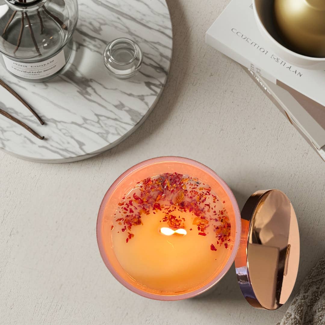 Soul Gifts USA - Wholesale Jar/Filled Candle - Soy Wax Candle in Iridescent Vessel with Petals on Top -10oz1