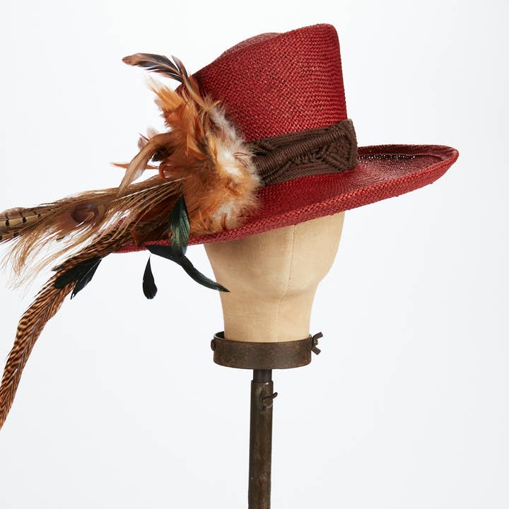 Straw Bohemian Feather Top Hat for wholesale by Kathy Jeanne Millinery