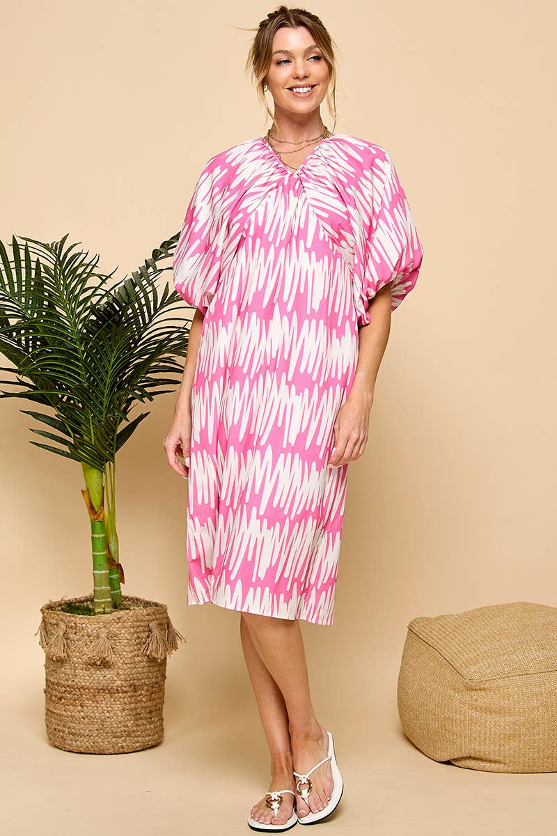 Pink and white zigzag pattern V-neckline Dress for wholesale on Faire2