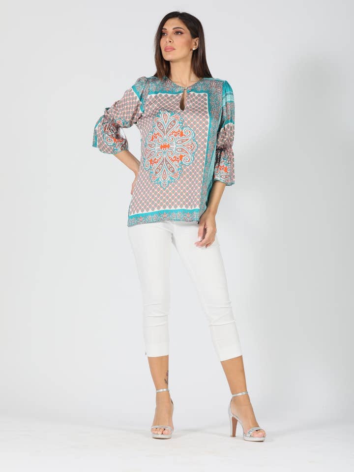 Blouse with teardrop and ribbons at the wrists for wholesale by Oltretempo