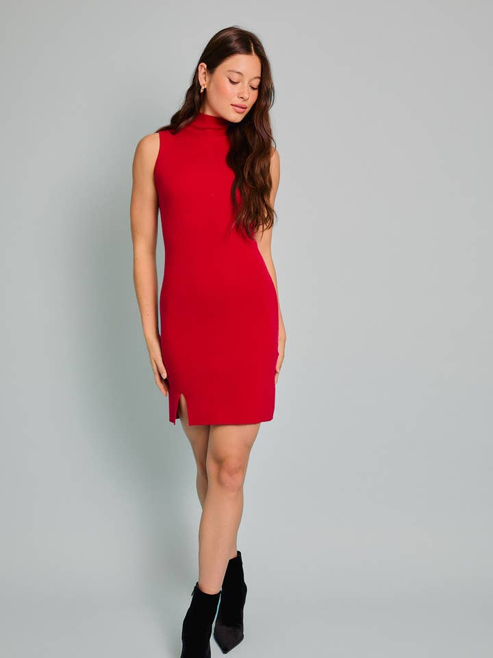 LE LIS - Wholesale Dress - Women's - MOCK NECK SLEEVELESS SLIT KNIT DRESS