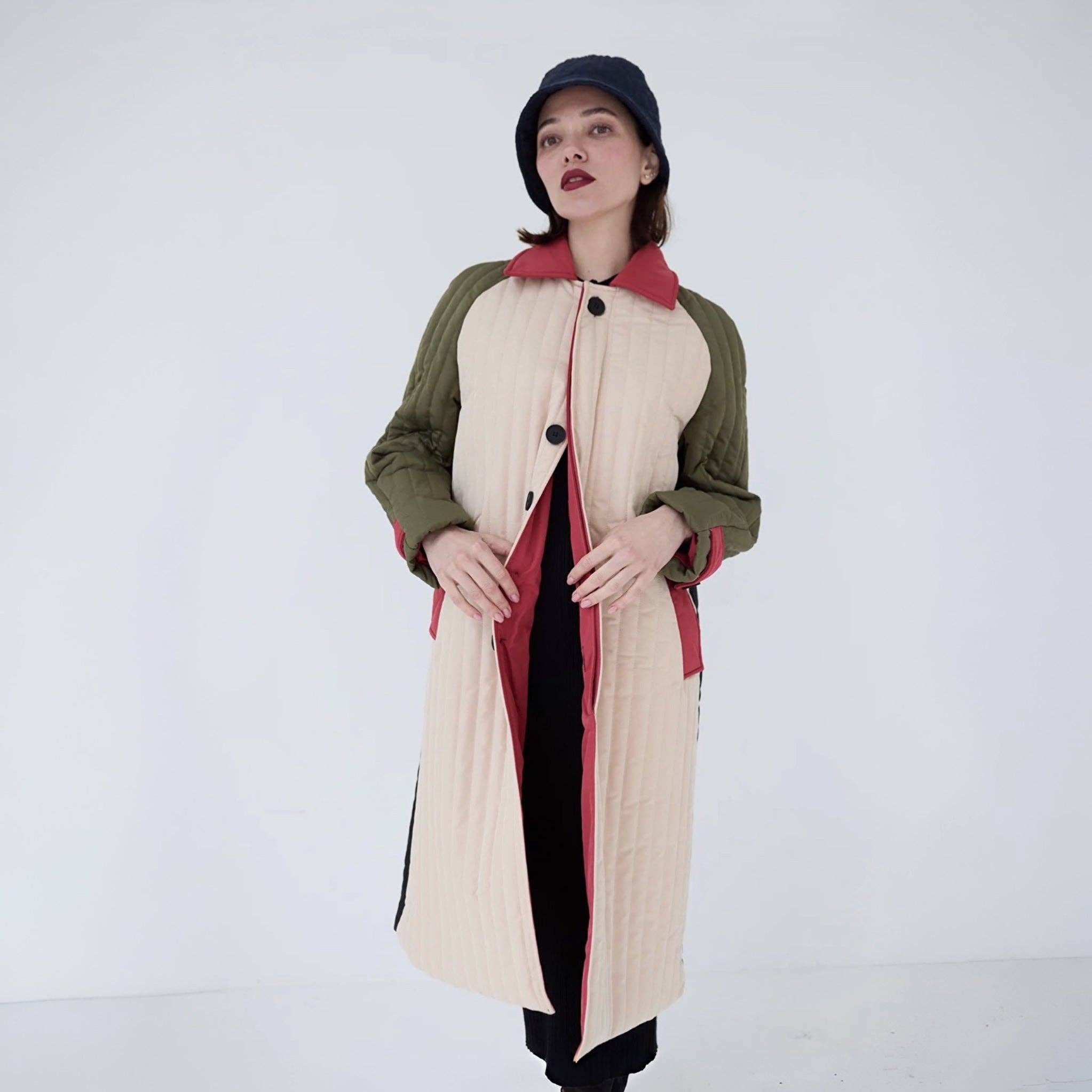 London Atelier Byproduct – wholesale Jacket – Women's – Beige Khaki Patchwork Color Block Quilt Long Jacket1