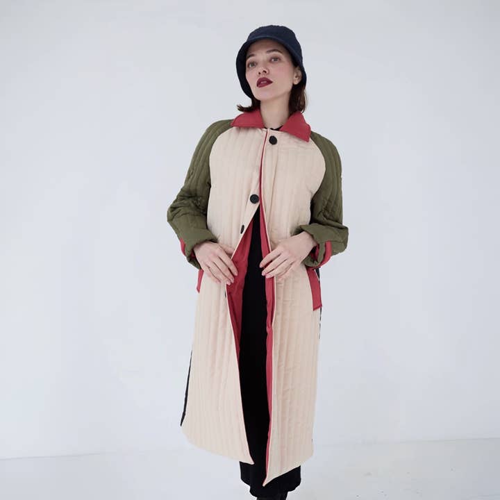 London Atelier Byproduct – wholesale Jacket – Women's – Beige Khaki Patchwork Color Block Quilt Long Jacket1