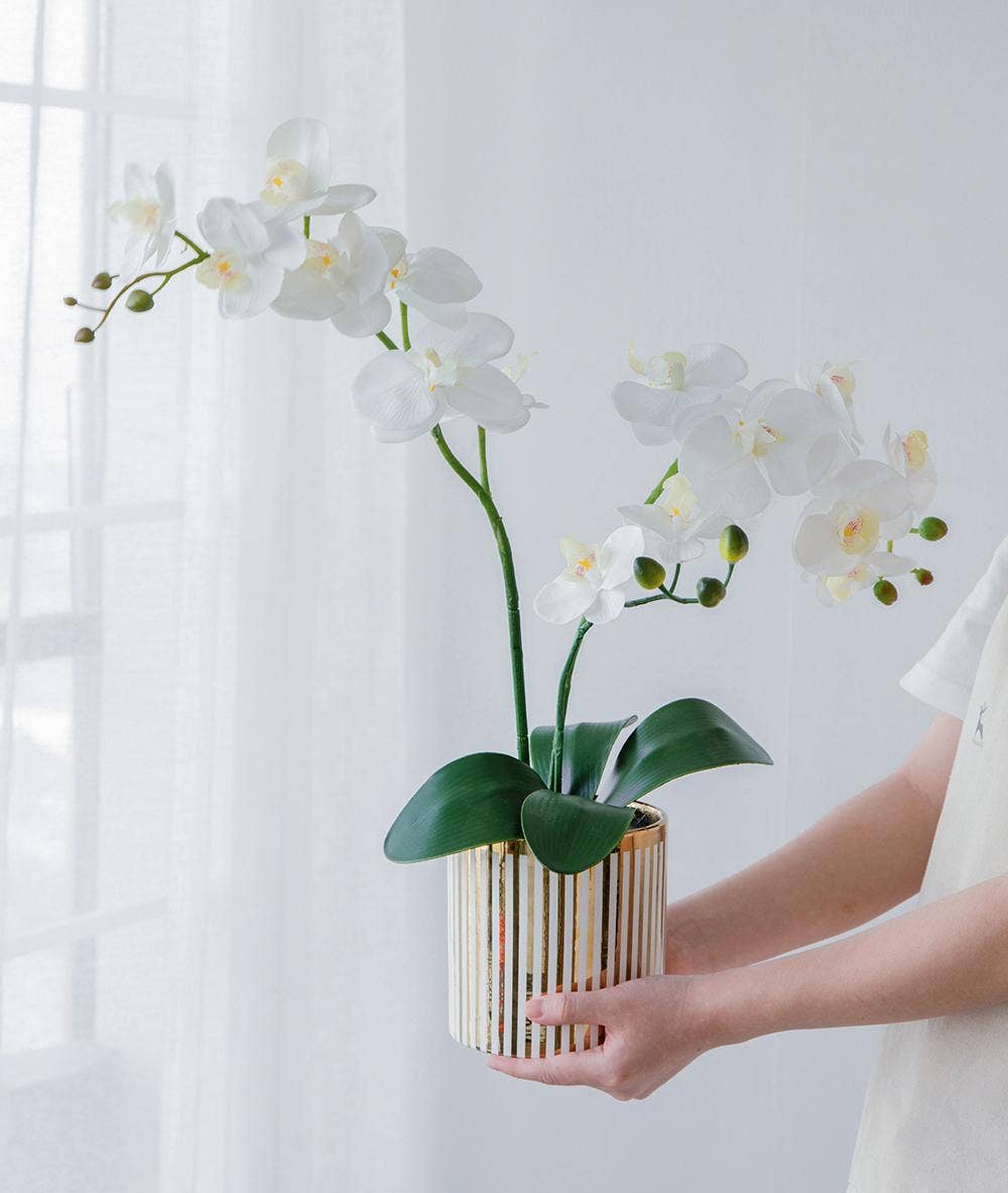 A&B Home Group Inc. – wholesale Artificial flowers – 9.5x6x20.5"H Artificial White Orchid in Gold Striped Pot1