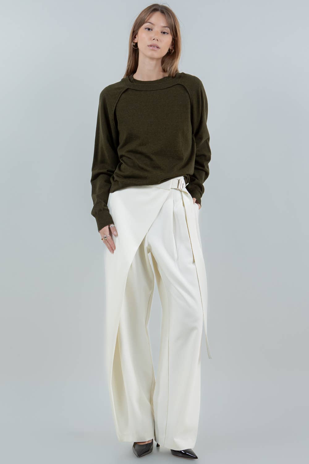 DOUBLE LAYER BOLERO KNITTED SWEATER - OLIVE for wholesale on Faire2