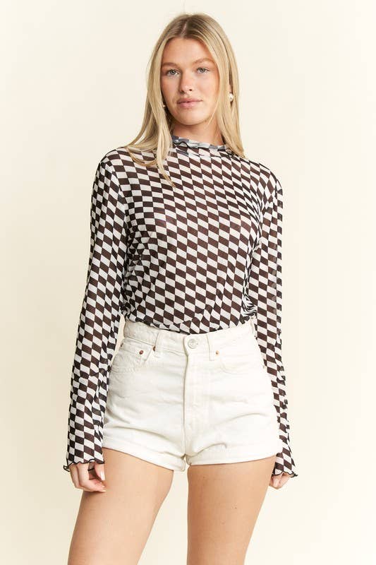 JADE BY JANE - Wholesale Knit Top - Women's -  CHECKERED MESH MOCK NECK TOP2