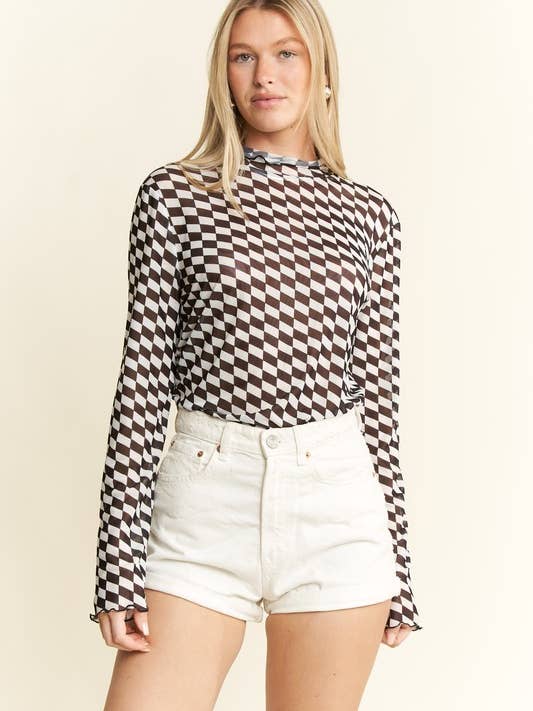 JADE BY JANE - Vente Haut en maille – femme - Haut à col montant en résille à carreaux2