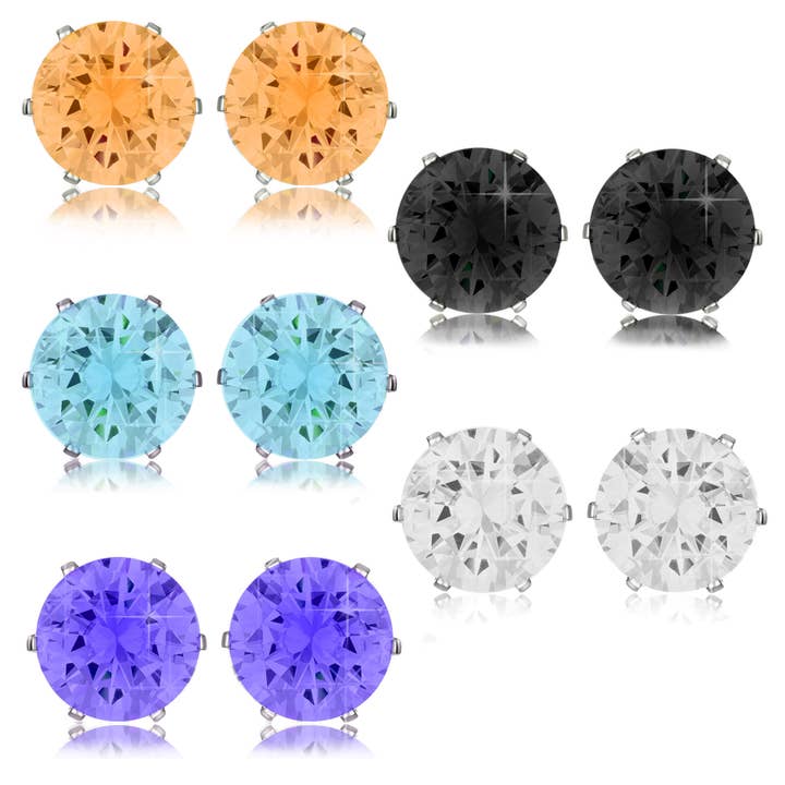 Simulated Gemstone Stainless Steel Stud Earrings - 5 Pairs for wholesale by West Coast Jewelry