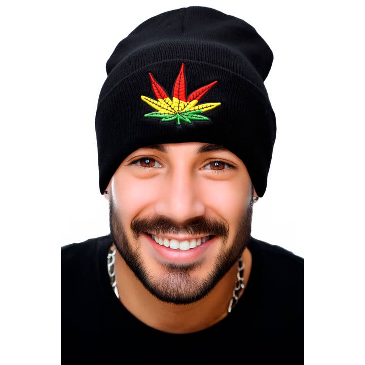 Cap Zone - Wholesale Beanie - Unisex - Marijuana Weed Leaf Acrylic Cuffed Beanie1