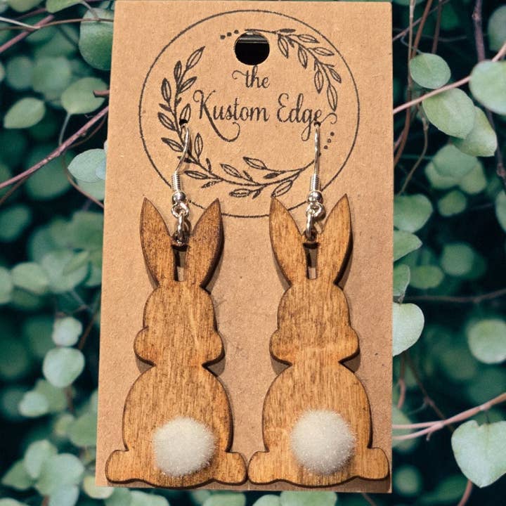 Bunny Dangle Earrings with Fuzzy Tail, Wooden, Handmade for wholesale by The Kustom Edge