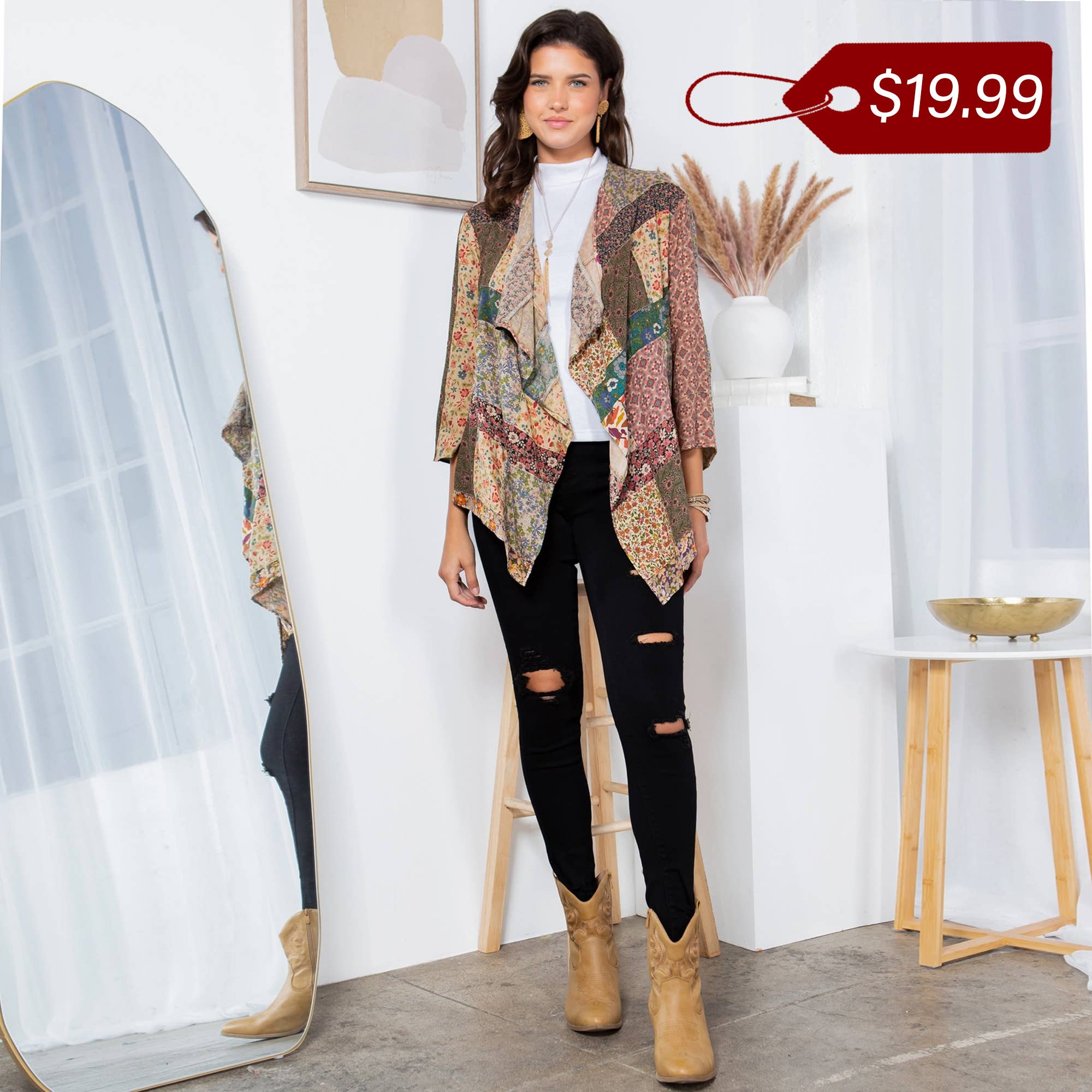 Young Threads - Wholesale Kimono - Women's - Patchwork Kimono Cardigan With 3/4 Sleeve