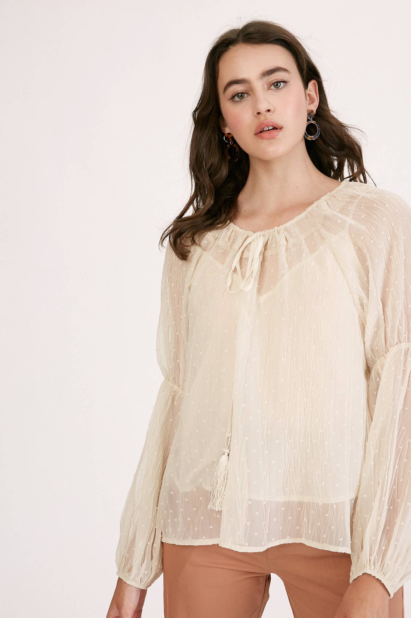 Champagne Swiss Dot Tassel Tie Blouse LT1016 for wholesale on Faire1
