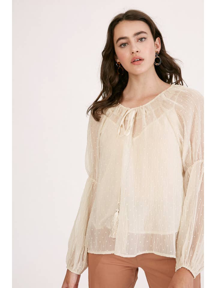 Champagne Swiss Dot Tassel Tie Blouse LT1016 for wholesale on Faire1