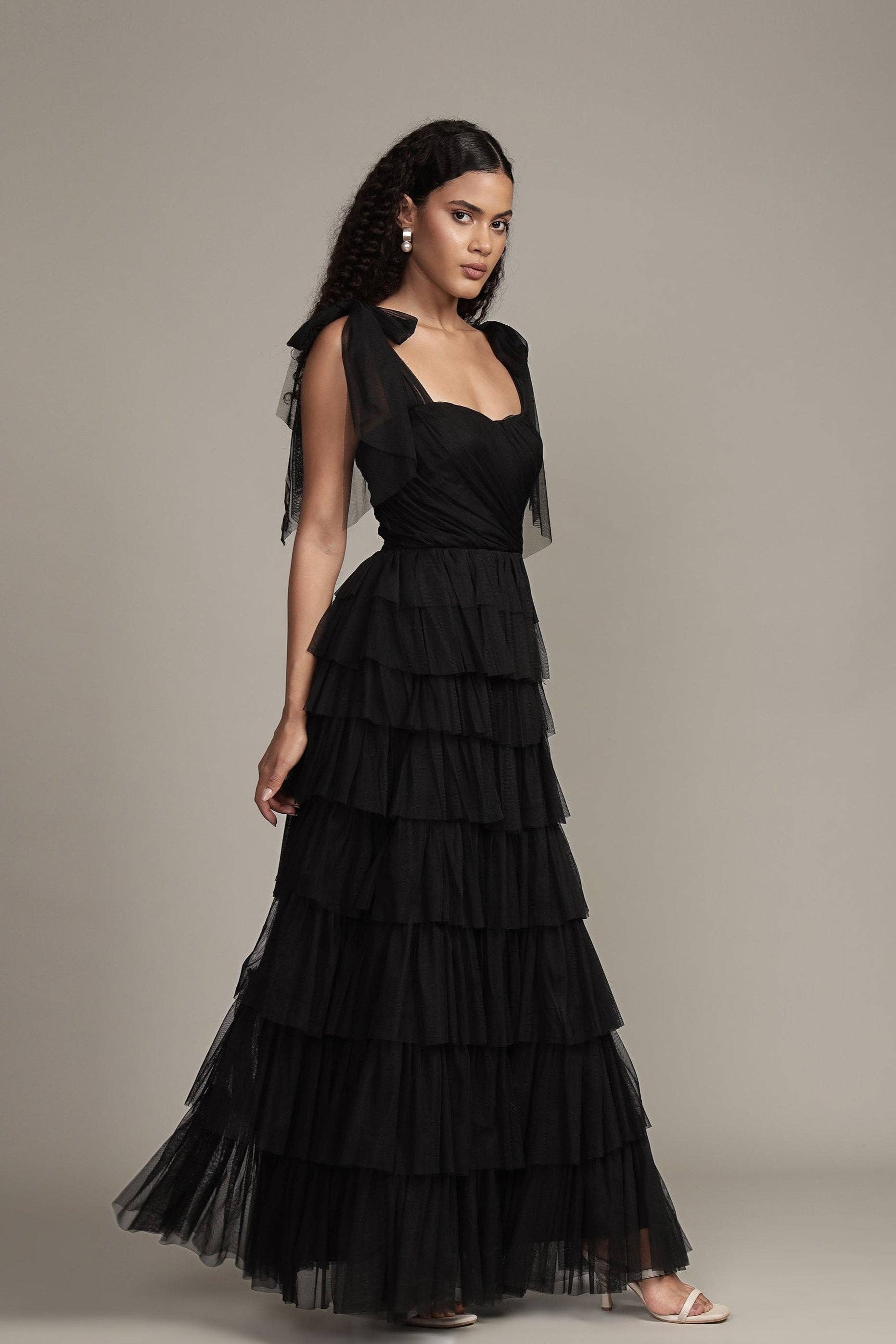 Ophelia Tulle Maxi Dress with Tie Detail in Black for wholesale on Faire1