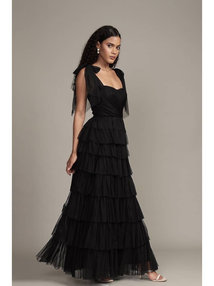 Ophelia Tulle Maxi Dress with Tie Detail in Black for wholesale on Faire1