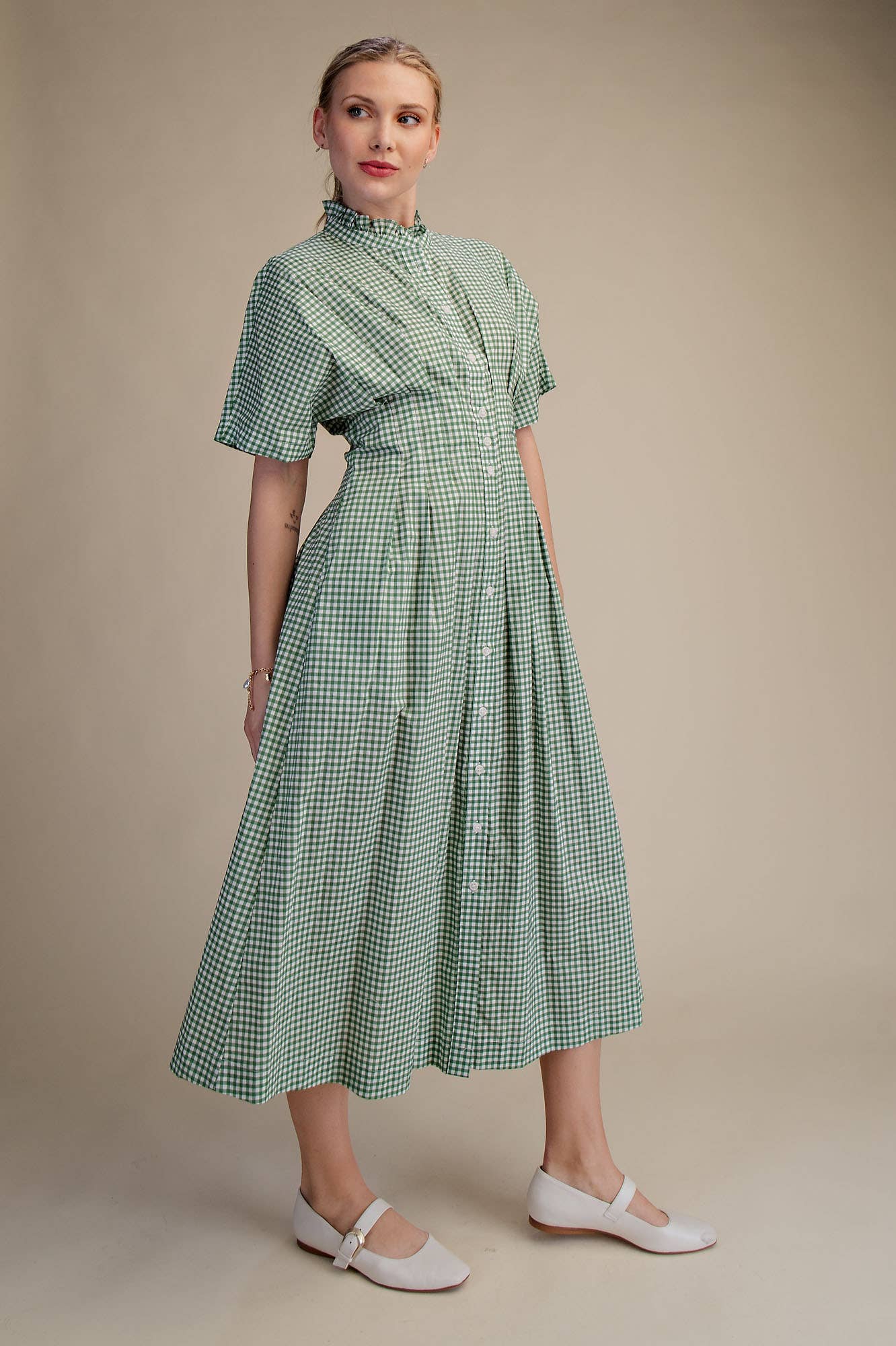 Glam - Wholesale Dress - Women's - Gingham Check Ruffle Neck Waist Pleated Midi Dress7